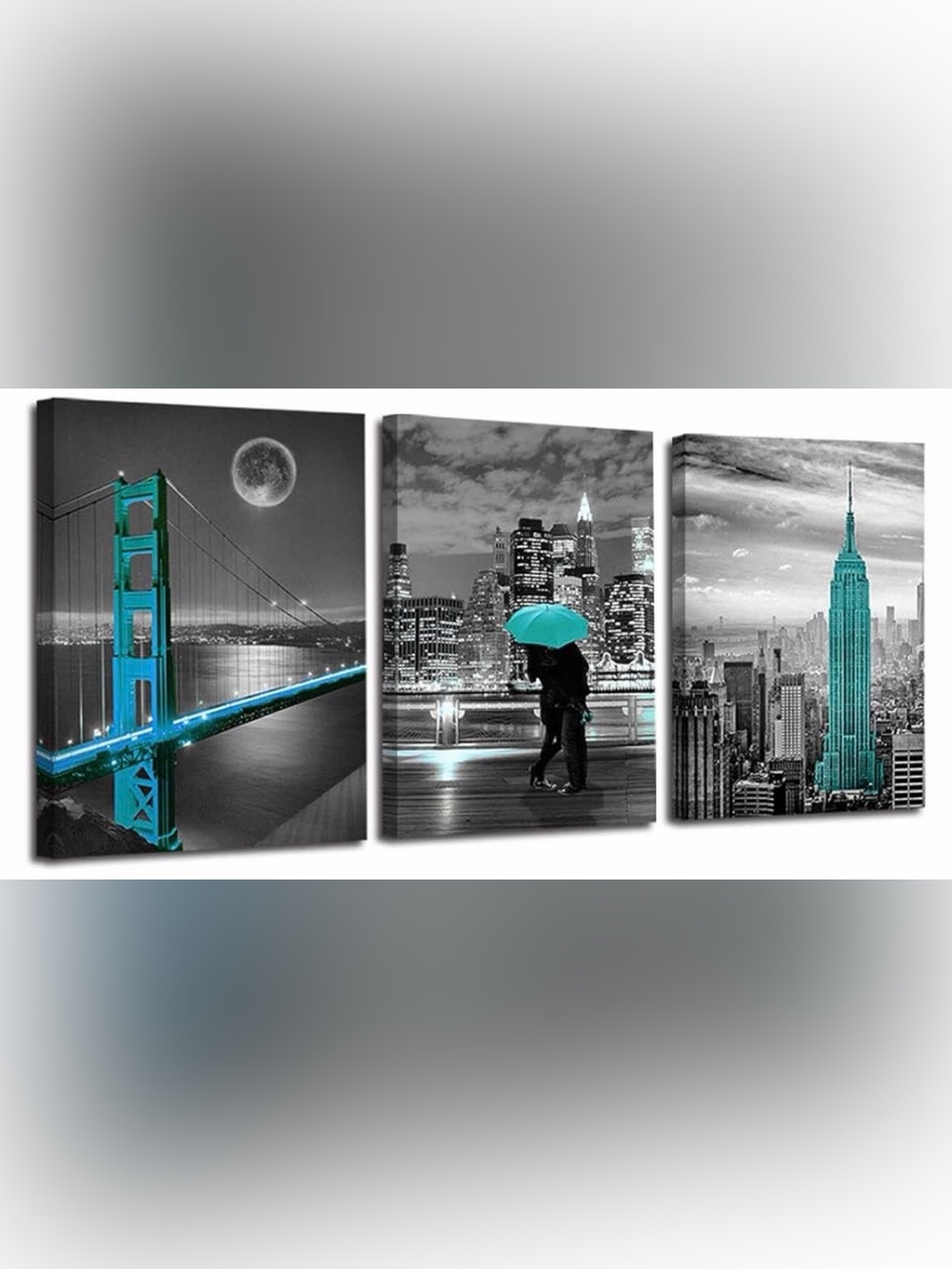 Teal Accent Cityscape Triptych Wall Art - Modern Urban Canvas Set
